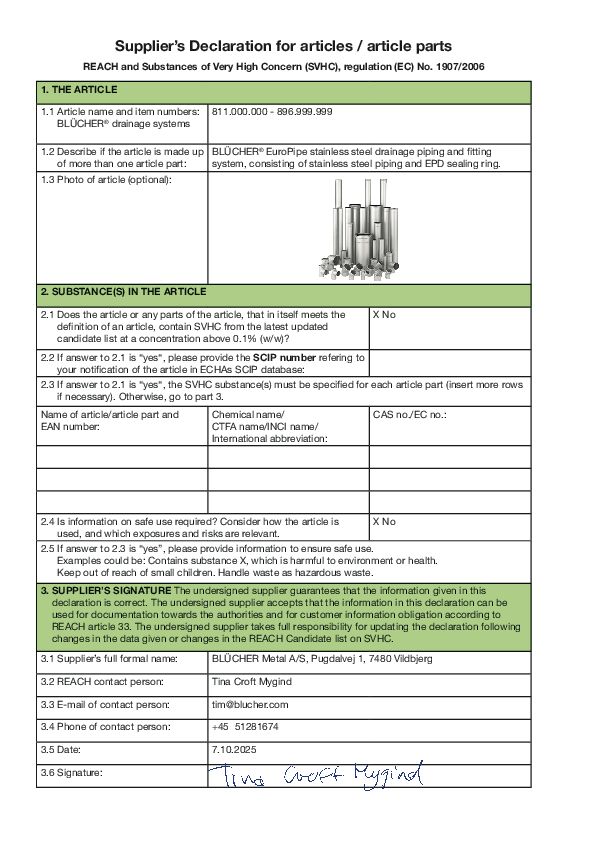 REACH Declaration BLÜCHER EuroPipe